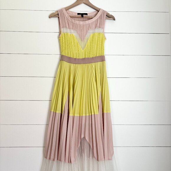 NWOT BCBG Maxazria Lucea yellow and tan with white sheer mesh dress - Picture 1 of 7